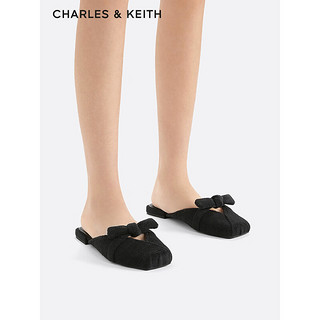 CHARLES&KEITH24春季绒布蝴蝶结包头平底拖鞋女CK1-70920141 BLACK TEXTURED黑色纹理 37