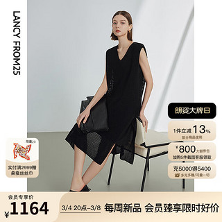朗姿无袖小黑裙气质高级感直筒显瘦女2024夏设计感针织连衣裙 黑色 XL