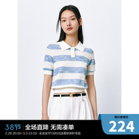 太平鸟条纹polo领短袖针织衫女2024夏装新款蓝白条纹肌理感上衣女 浅蓝