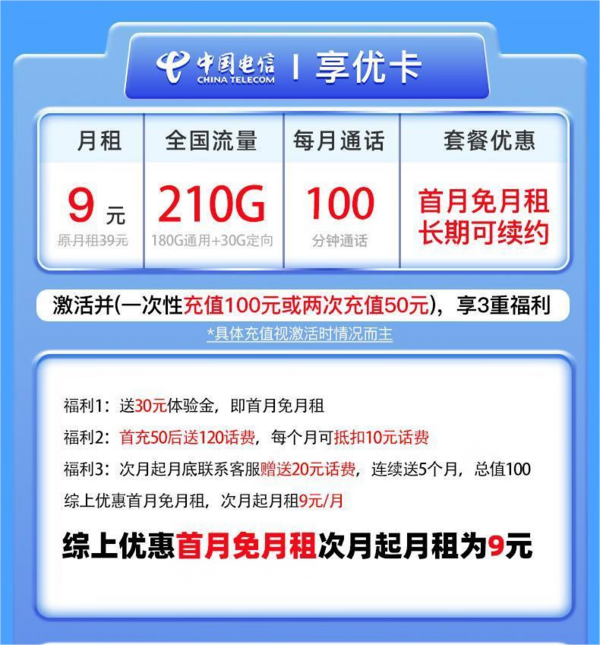 CHINA TELECOM 中国电信 享优卡 9元月租（210G全国流量+100分钟通话+首月0元）激活送20元E卡