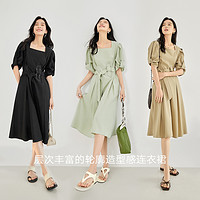DUIBAI 对白 复古方领连衣裙女2024夏季新款法式收腰设计感薄荷曼波裙子