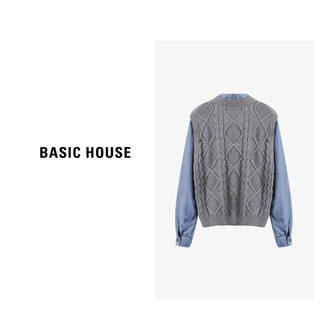 Basic House/百家好绵羊毛针织拼接牛仔开衫毛衣女2024百搭宽松格雷系 浅灰 M85-120斤