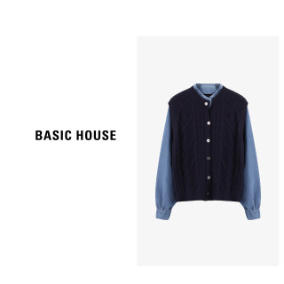 BASIC HOUSE 百家好 绵羊毛针织拼接牛仔开衫毛衣 百搭宽松格雷系