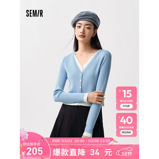 森马（Semir）针织开衫女短款假两件2024春紧身V领上衣显瘦 蓝色调00388 175/96A/XXL