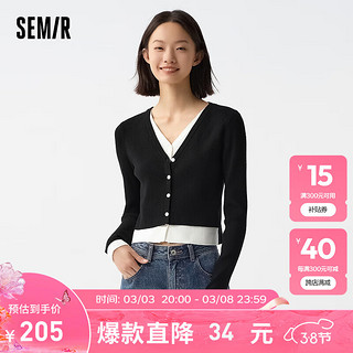 森马（Semir）针织开衫女短款假两件2024春紧身V领上衣显瘦 黑色调00399 155/80A/S