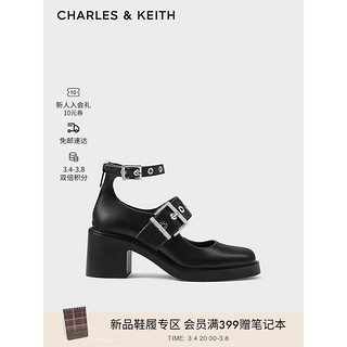 CHARLES&KEITH24春铆钉腕带粗跟玛丽珍鞋高跟鞋CK1-60380016 Black黑色 40