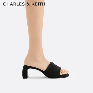 CHARLES&KEITH24春季绒布露趾外穿一字高跟凉拖CK1-60920366 BLACK TEXTURED黑色纹理 34