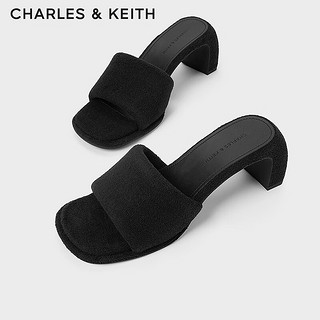 CHARLES&KEITH24春季绒布露趾外穿一字高跟凉拖CK1-60920366 BLACK TEXTURED黑色纹理 34