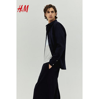 H&M2024春季男装CleanFit长袖翻领简约亚麻混纺衬衫1213473 海军蓝 180/124A XXL