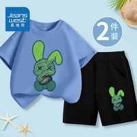 JEANSWEST 真维斯 男童短袖短裤套装潮流帅气儿童中大童夏季休闲小男孩夏装潮 远峰蓝黑色DKS30 120