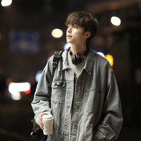 森马集团棉致美式高街烟灰牛仔外套男春秋款潮牌水洗做旧个性夹克