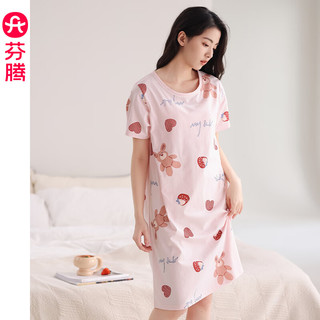 芬腾睡裙女夏纯棉短袖圆领可爱睡衣薄款大码全棉家居服连衣裙短裙 FX25290104粉色 S/155（70-90斤）