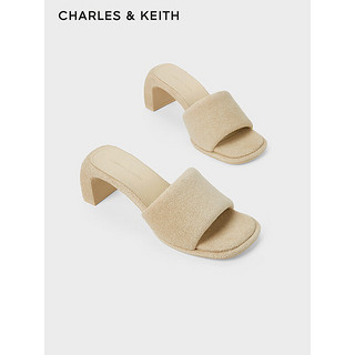 CHARLES&KEITH24春季绒布露趾外穿一字高跟凉拖CK1-60920366 Beige米色 39