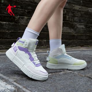 QIAODAN 乔丹 质燥女板鞋高帮2024春季革面运动鞋休闲小白鞋女