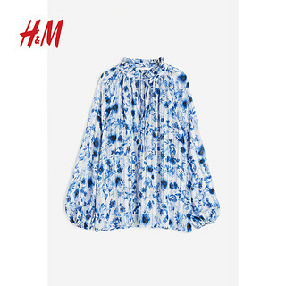 H&M女装衬衫2024春季田园风灯笼袖褶边V领小众衬衫1126584 白色/蓝色花卉 160/88A