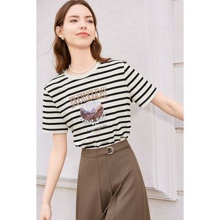 Betu 百图 女装2024春季T恤韩系百搭条纹宽松减龄短袖T恤女