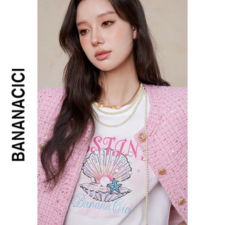 BANANA CICI2024年春季度假风珍珠贝壳字母印花纯棉短袖T恤