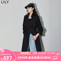 丽丽 LILY2024春新款女装复古双排扣气质英伦风衣显瘦腰带长款风衣外套 510黑