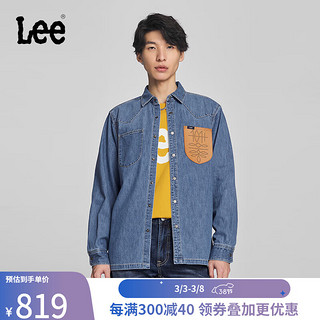 Lee24早春舒适版PU口袋拼接中蓝色男长袖牛仔衬衫潮 中蓝色 XL