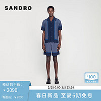 SANDRO2024早春新款男装经典休闲深蓝格纹短袖衬衫上衣SHPCM01082 深蓝色