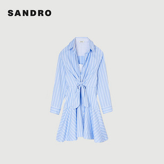 SANDRO2024早春女装法式蓝色衬衫领条纹收腰连衣裙SFPRO03598 D251/蓝色 34