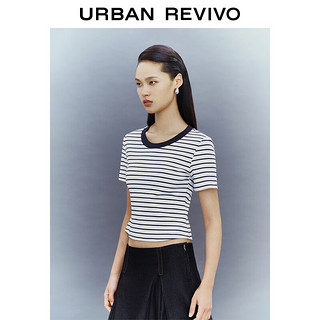 URBAN REVIVO UR2024春季女装时尚休闲撞色条纹正肩圆领短袖T恤UWG440034 本白条纹 M