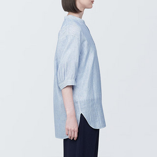 无印良品（MUJI） 女式 木棉混双层纱织五分袖束腰长上衣 内搭早春 BC2J1C4S 蓝色条纹 XL(165/92A)