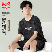 猫人男士睡衣男春夏纯棉黑色简约家居服男款全棉短袖睡衣套装可外穿