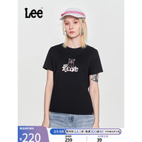 李 Lee 24春季标准版型 猫咪图案印花圆领女短袖T恤 黑色