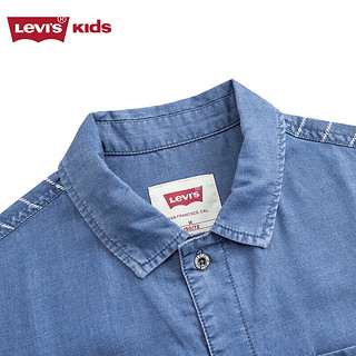 Levi's 李维斯 童装24夏季男童竖条纹拼接衬衫儿童梭织牛仔短袖上衣 湖灰蓝 110/56