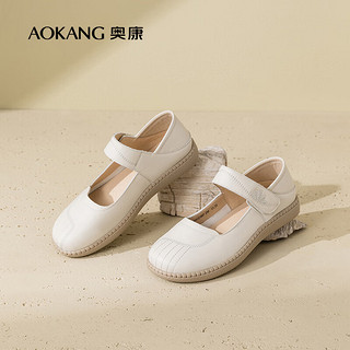 奥康（Aokang）女鞋 2024秋季简约魔术贴玛丽珍单鞋平跟舒适通勤百搭潮 米白色 35