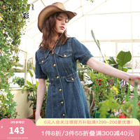 三彩季甜酷风短袖牛仔裙收腰连衣裙复古显瘦短裙女 蓝黑 160/84A/M