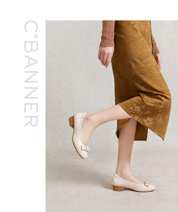 千百度中跟单鞋女2024春季浅口小香风真皮鞋晚晚鞋