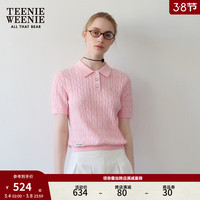 Teenie Weenie小熊2024春装新款肌理感绞花POLO领短袖针织衫粉色女