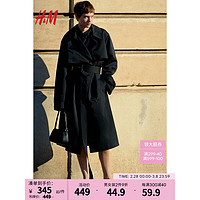 H&M女装风衣2024春季时尚休闲英伦风斜纹布双排扣大衣1202758 黑色 155/80A XS