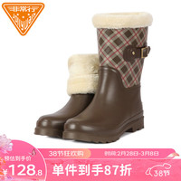 非常行(Jolly Walk)冬季加绒女士雨鞋中筒时尚保暖外穿胶鞋JW322 红格子 39 红格子秋冬加绒保暖