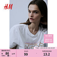 H&M女装T恤2024春季朋克中性风短袖宽松圆领棉质上衣0762470 白色/AC/DC 170/116A XL