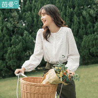 茵曼 INMAN 休闲新款文艺百搭纯色无领绣花棉质橡筋袖口长袖衬衫衬衣女FF1813|566 纯白色-1 S