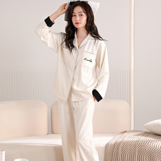 婧麒（JOYNCLEON）春秋冬季长袖棉款睡衣女秋天舒适女士时尚大码家居服套装 米色黑边 XL码