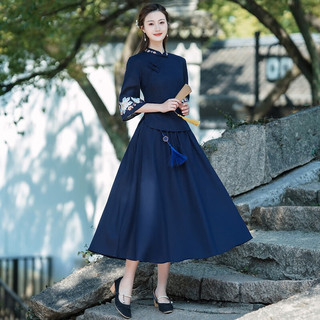 妖妮旗袍汉服女成人年轻日常2024新中式国风棉麻绣花连衣裙两件套722 深蓝色套装 3XL(体重125-135斤）