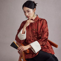 陌遇秋冬中国风提花缎改良盘扣经典茶服棉衣新中式唐装外套 枫叶红色 M