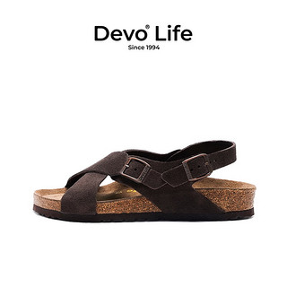 Devo Life的沃软木凉鞋女时尚休闲平底搭扣罗马复古日系凉拖56111 深棕反绒皮 34