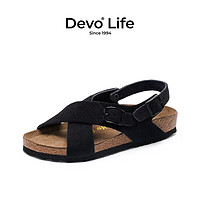 Devo Life的沃软木凉鞋女时尚休闲平底搭扣罗马复古日系凉拖56111 黑色反绒皮 34