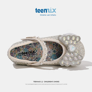 天美意（TEENMIX）天美意女童水晶鞋公主2024春季儿童皮鞋水钻演出单鞋宝宝 米色 单层  28码