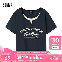 森马（Semir）短袖T恤女短款字母美式复古2024夏季假两件修身开叉上衣 深蓝80802 175/96A/XXL