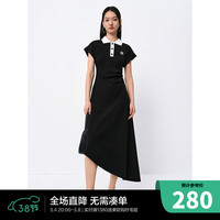 太平鸟撞色POLO连衣裙2024春季新款收腰长裙时尚不规则高级感裙子 黑色