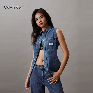 Calvin Klein Jeans24春夏女简约布标复古纯棉修身无袖牛仔衬衫J223699 1A4-牛仔浅蓝 XS