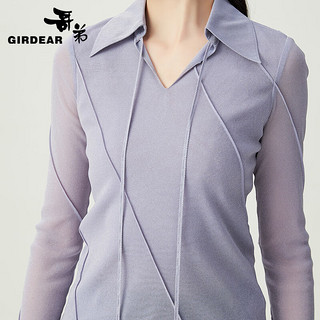 哥弟【GD】2024翻领不规则立体斜条设计系带衬衫上衣女1300964 薄暮紫 L(4码)