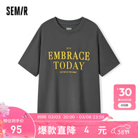 Semir[商场同款]森马短袖T恤女中长款纯棉2024夏季新款宽松字母套头衫
