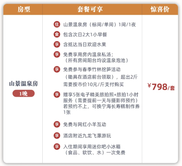 泡私汤、挖春笋，近九龙湖景区！浙江宁海汉雅开元温泉度假酒店 山景温泉房1晚套餐（含双早+挖笋体验）